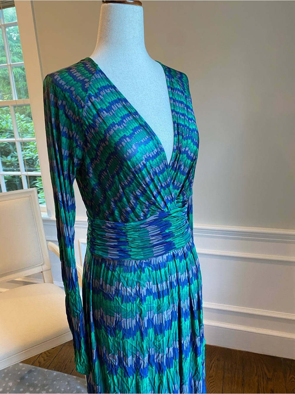 BCBG Max Azria Surplice Jersey Dress Blue Green Long Sleeve Size M